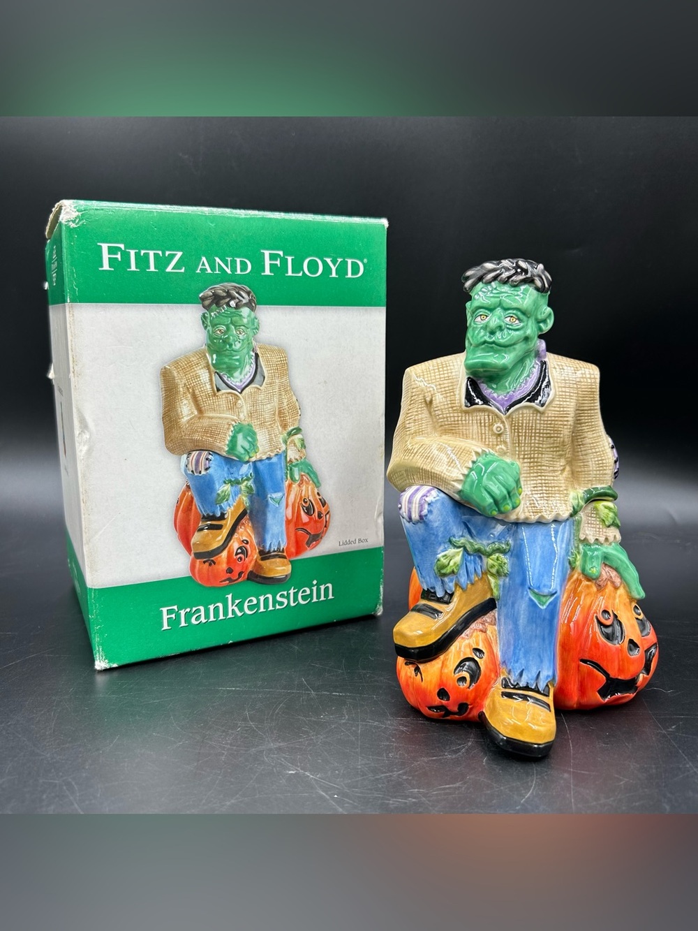 Fitz & Floyd Frankenstein Lidded Box 2005 Halloween Pumpkin Candy Jar 7in HTF